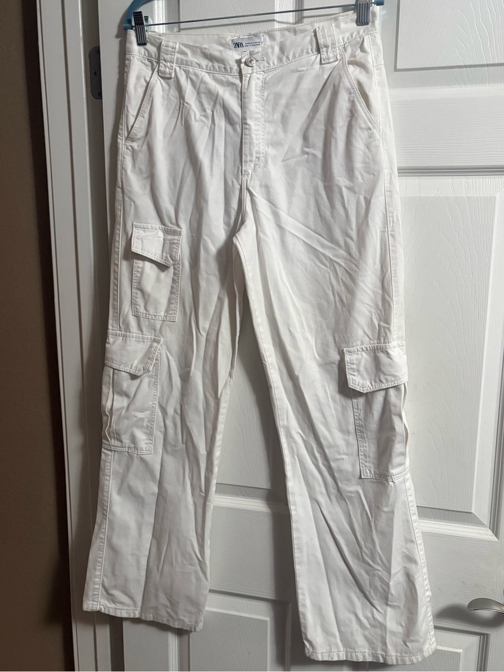 Zara white denim cargo pants wide leg streetwear women's 6